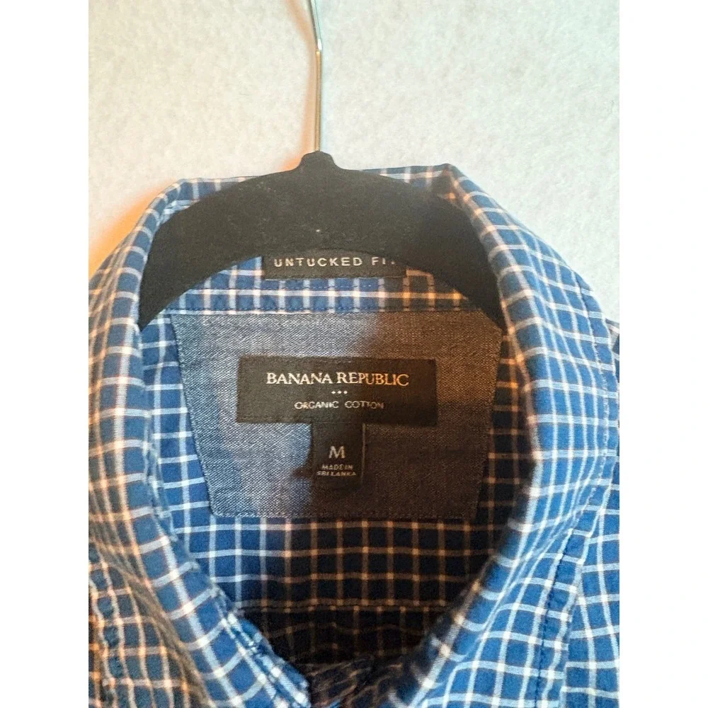Banana Republic Organic Cotton Untucked Fit Button Down Shirt Blue‎ Plaid Size M